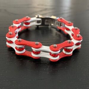 Red and White Stainless Steel Bike Chain Bracelet with Red Stones